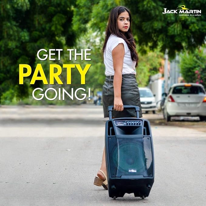 Jack Martin Unplugged JM1020T| WOOFER 8"| Karaoke|Wireless Mic| TWS |Trolley | RMS 45 W Bluetooth Party Speaker